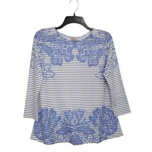 Como‎ Vintage Top Small Blue White 3/4 Sleeve Striped Stretch Butterfly Casual